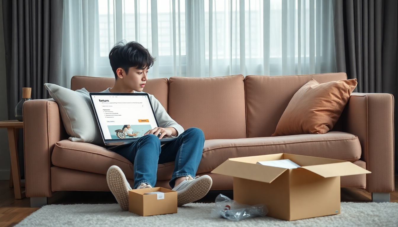 집 거실 소파에 앉아 노트북으로 올리브영 온라인몰 반품을 신청하는 사람