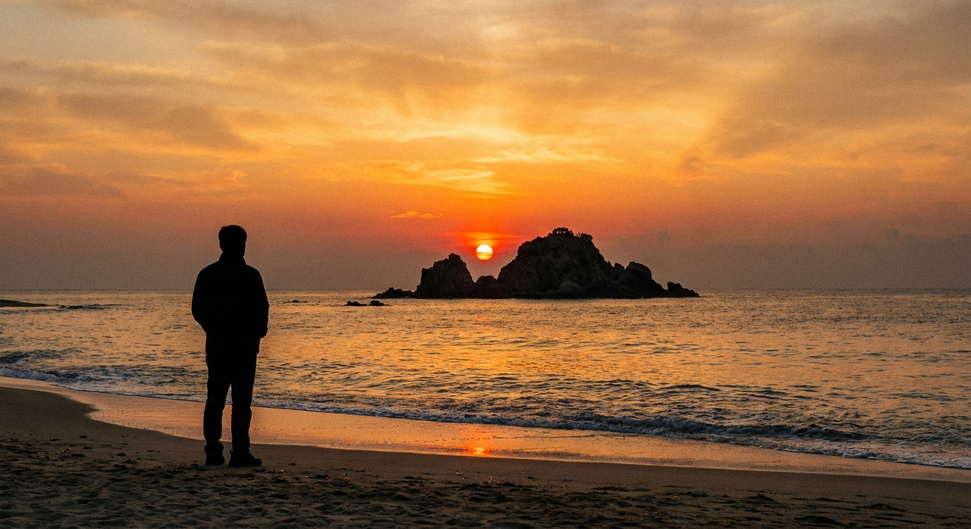 해변에서 실루엣으로 서 있는 한국인 성인이 문무대왕릉 위로 떠오르는 극적인 일출을 바라보는 모습