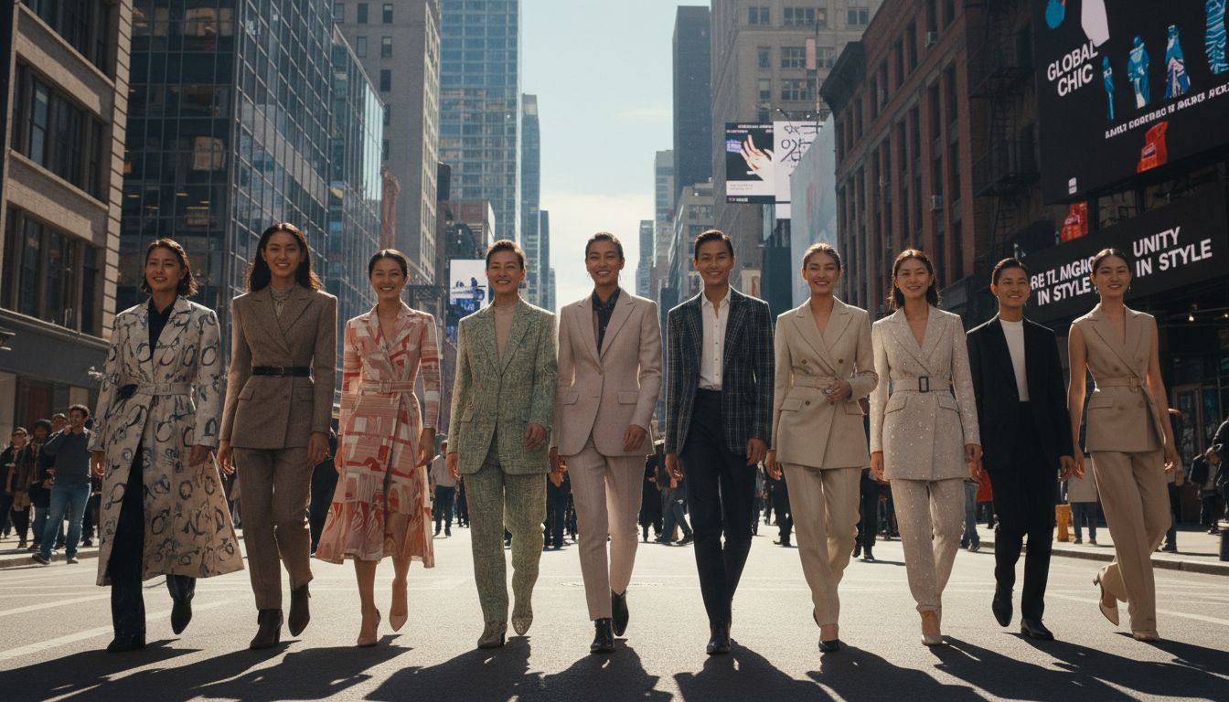 글로벌 마케팅 캠페인을 위한 다국적 동양인 모델들의 도시 거리 모습