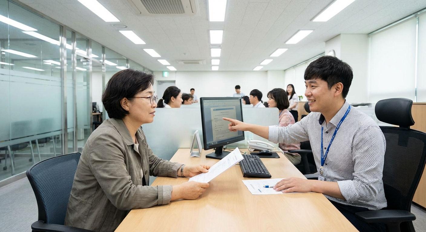 한국 성인이 주민센터에서 직원과 차분하게 상담하는 모습