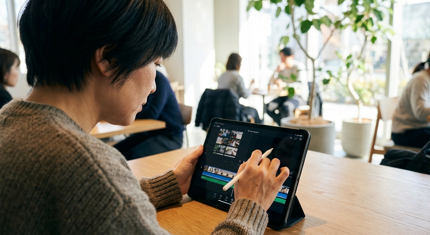 태블릿 화면에서 비디오 편집 앱을 사용하는 한국인 성인의 손 (어깨 너머 시점)