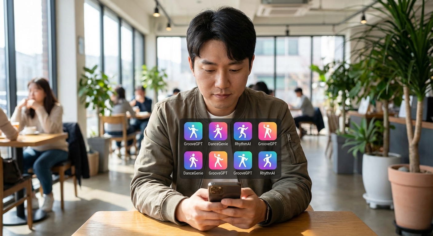 한국인 성인이 스마트폰을 보고 있으며, 화면에는 다양한 AI 댄스 앱 아이콘이 표시되어 있습니다.