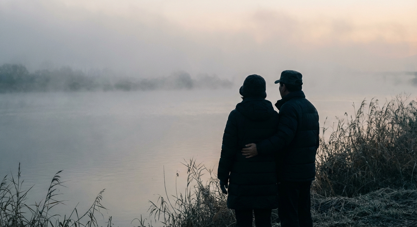 물안개가 피어오르는 강가에서 고요한 아침 풍경을 바라보는 한국인 커플의 실루엣.