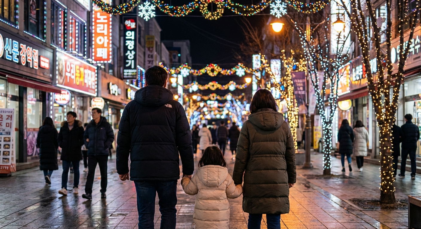크리스마스 조명으로 화려하게 장식된 밤거리에서 한국인 가족의 뒷모습이 손을 잡고 걸어가는 모습