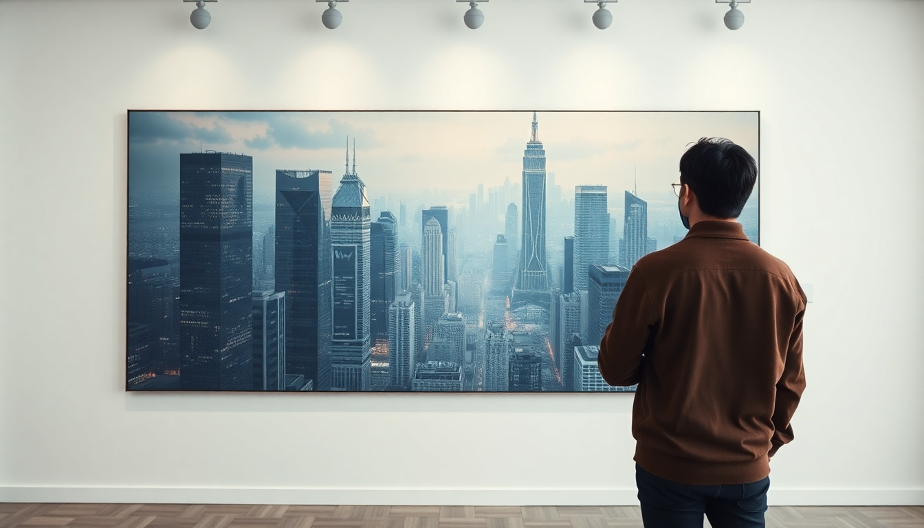한 디자이너가 갤러리 벽에 걸린 AI로 생성된 고해상도 미래 도시 이미지를 감상하고 있는 뒷모습.