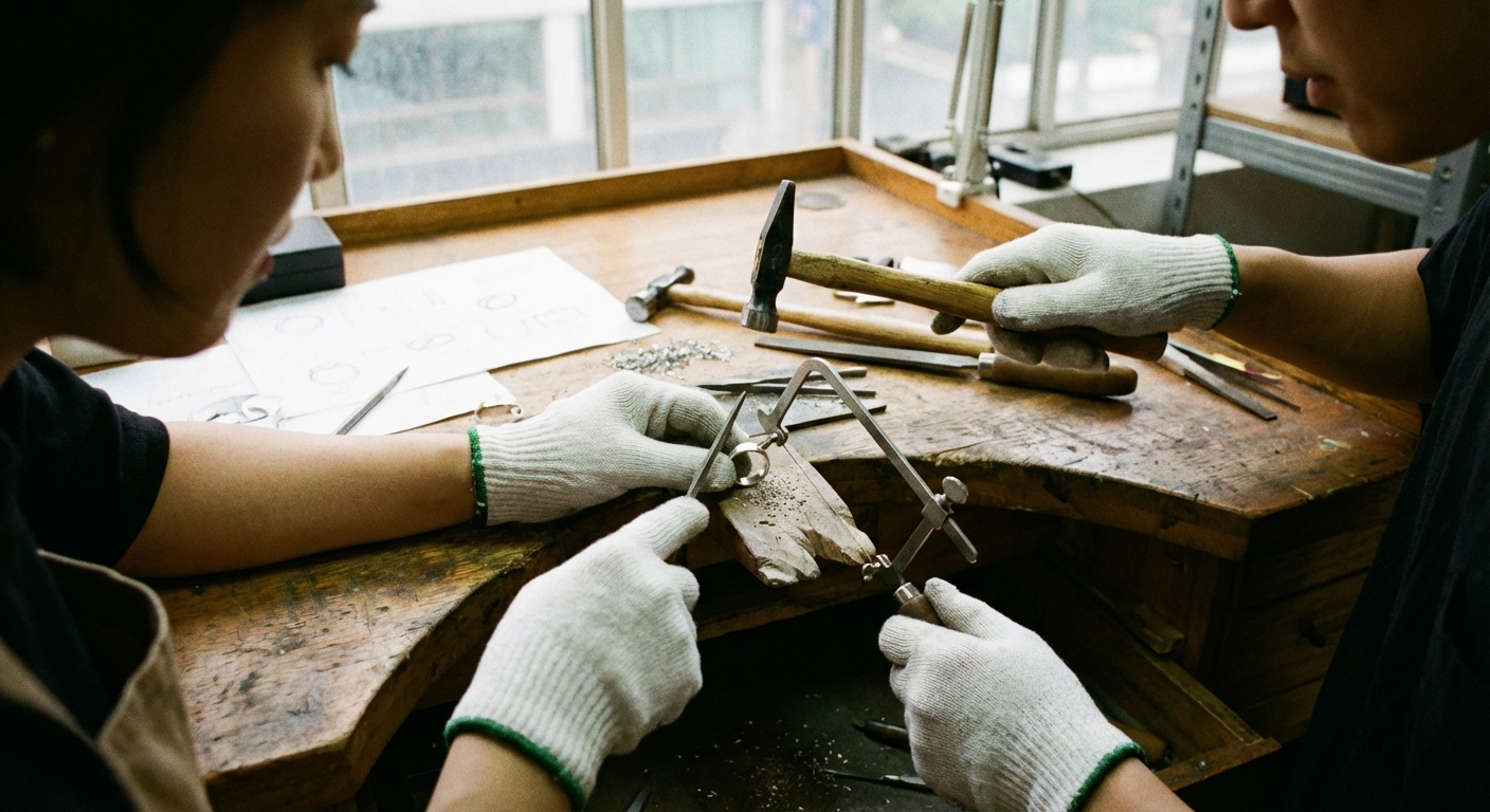 의정부 크리스마스 데이트 코스 추천: 겨울 낭만 가득한 야경 명소 & 실내 데이트 완벽 가이드 4 실내 공방에서 함께 반지를 만들고 있는 연인의 손