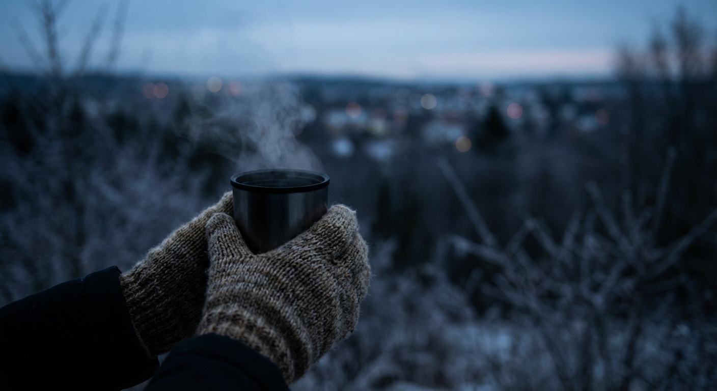 새벽 일출을 위해 따뜻한 장갑을 낀 손으로 보온병을 들고 있는 한국 성인의 모습