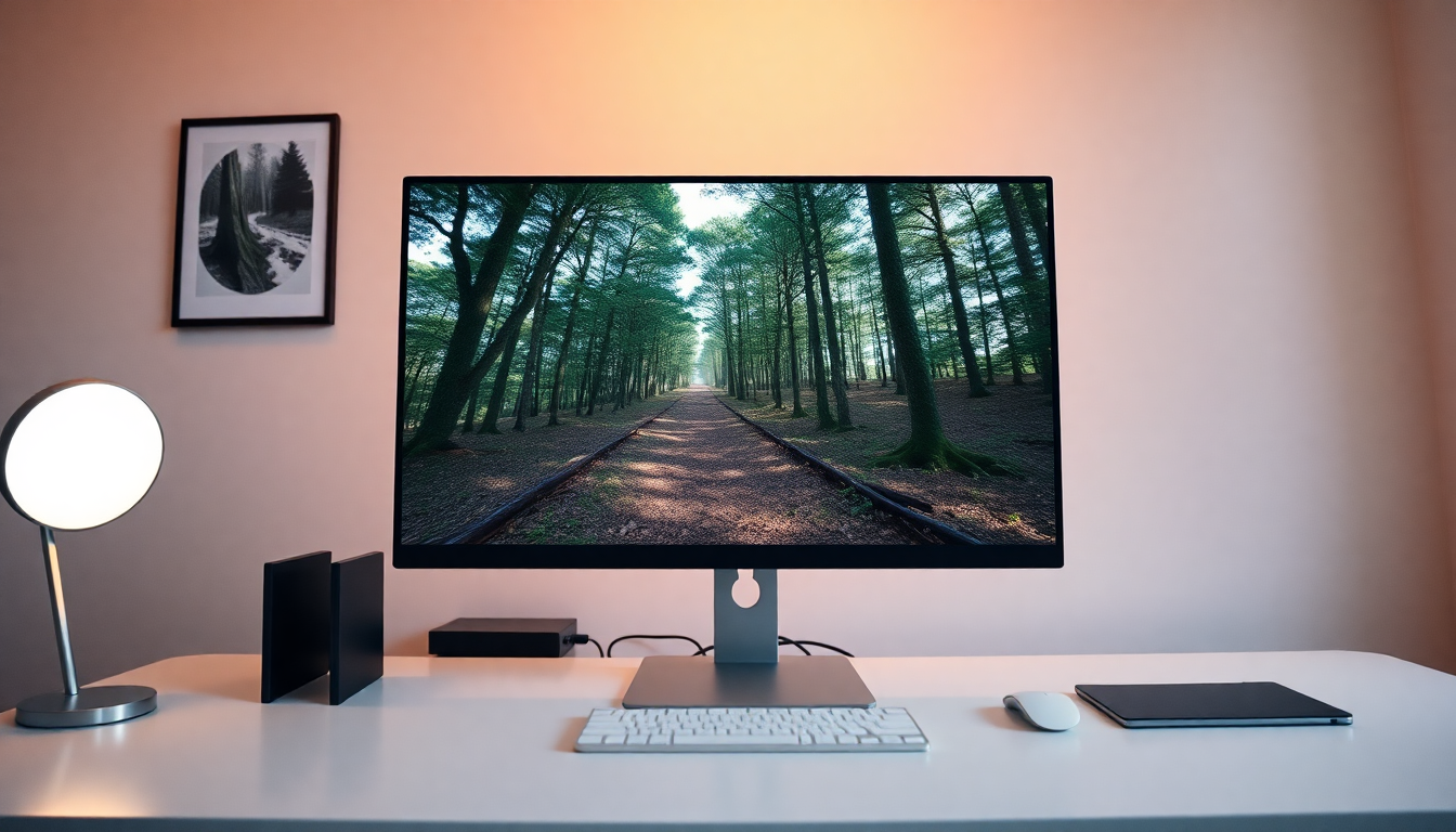 컴퓨터 화면에서 좁은 숲길 사진이 넓은 파노라마 풍경으로 확장되는 AI 아웃페인팅 기능.