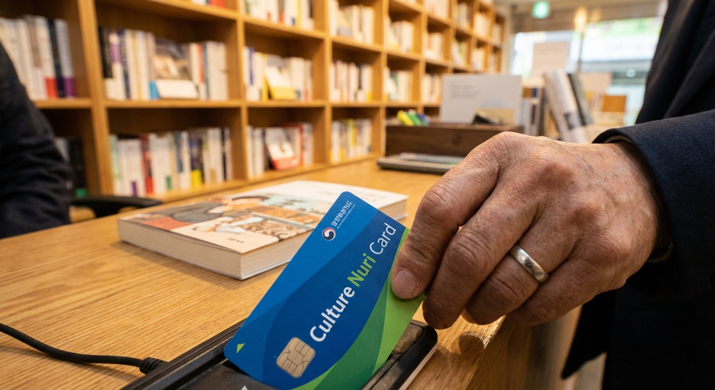 서점에서 책을 구매하며 문화누리카드로 결제하는 손을 클로즈업한 사진.