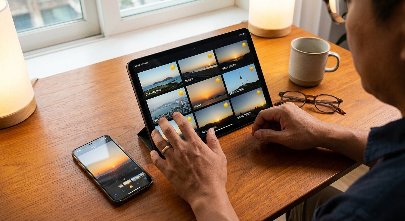 다양한 지역의 해돋이 라이브 스트리밍 옵션을 보여주는 태블릿과 스마트폰을 보는 한국인 성인의 손