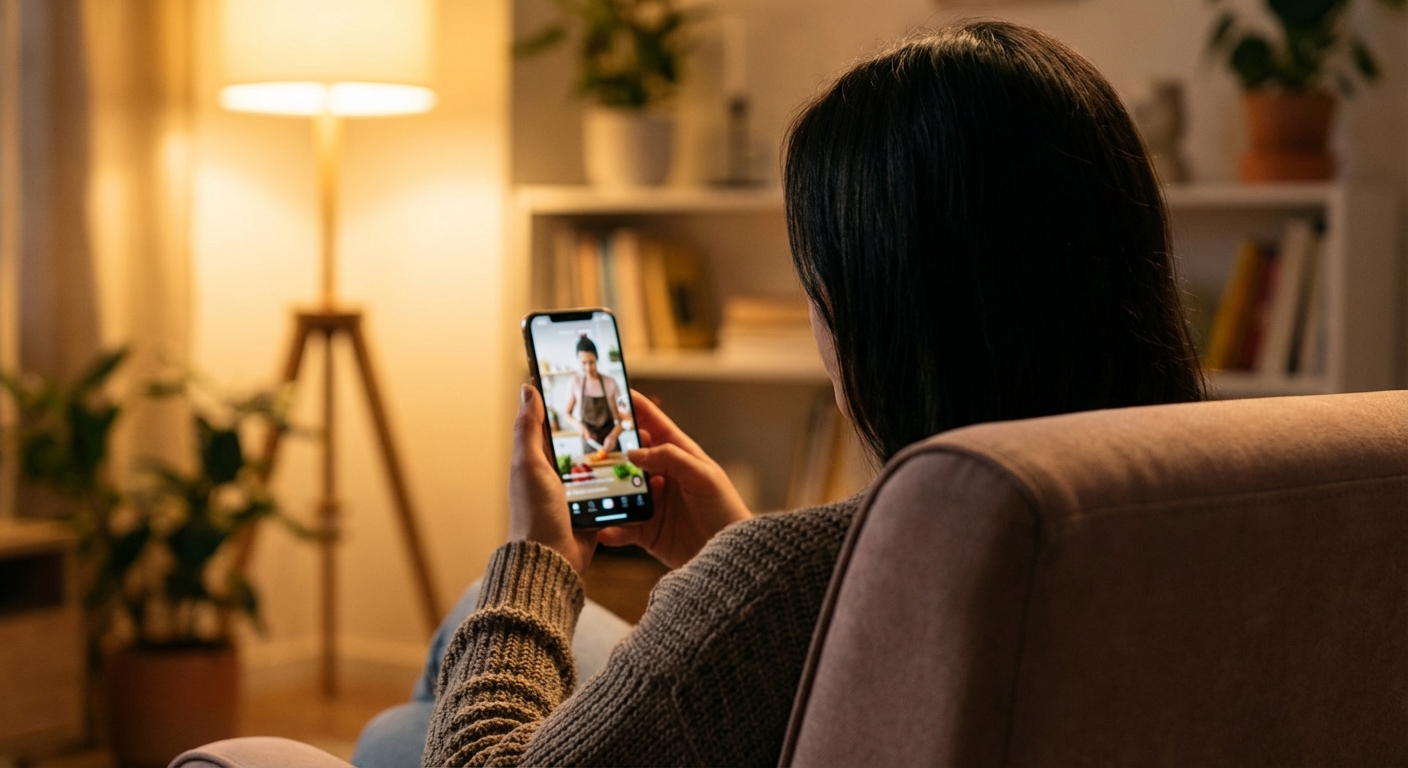 편안한 거실에서 스마트폰으로 숏폼 영상을 시청하는 한국인 성인의 뒷모습