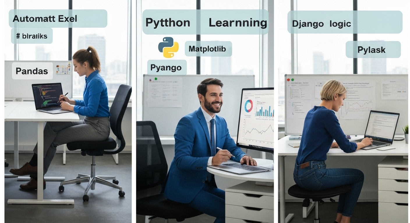 업무 자동화, 데이터 분석, 개발자 커리어 전환이라는 세 가지 파이썬 학습 유형을 보여주는 직장인의 실사 이미지
