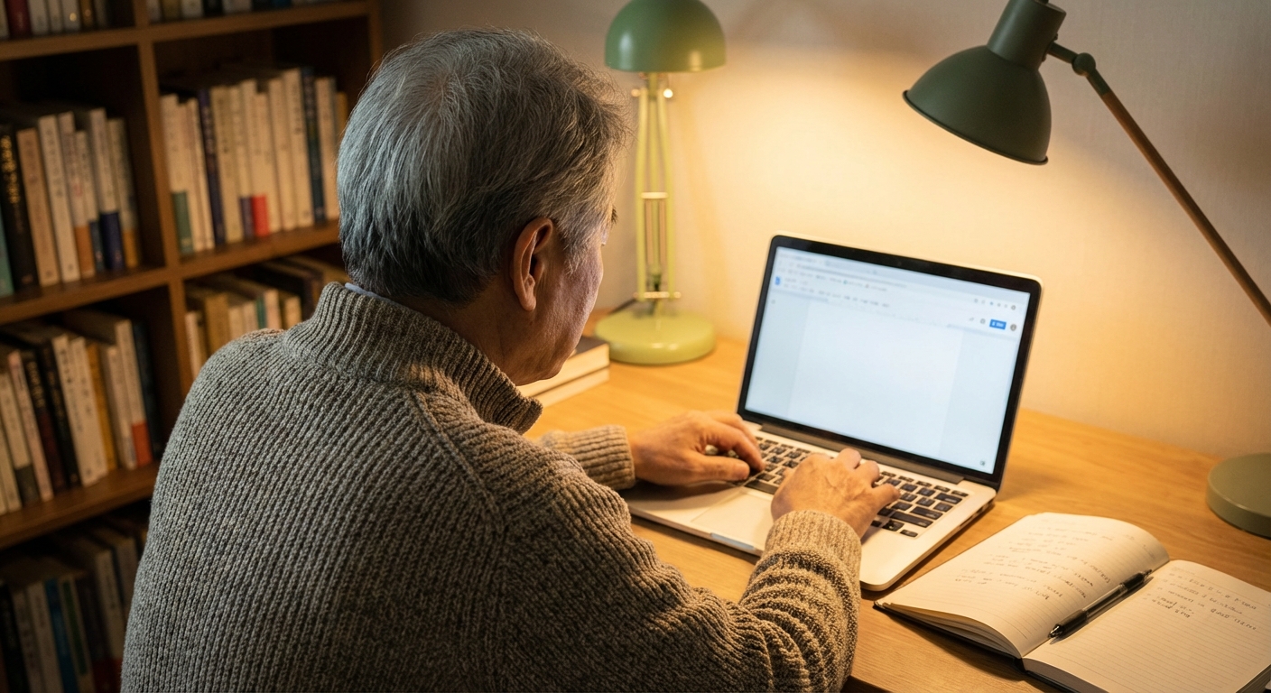 2026년 노인 복지 정책: 기초연금 인상과 저소득층 노인 지원 제도 변화 완벽 이해 4 한 한국인 어르신이 책상에 앉아 노트북에 정보를 입력하는 데 집중하고 있는 모습.