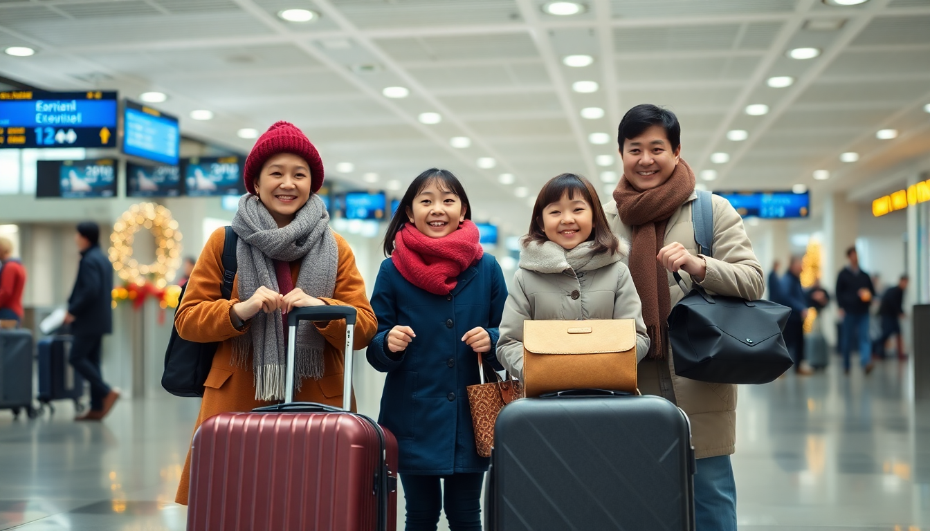 겨울 휴가를 시작하는 한국 가족이 공항 출국장에 있는 모습