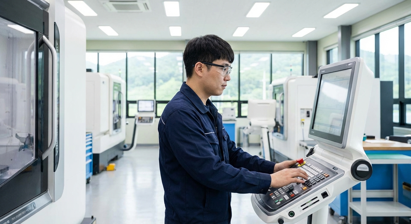 비수도권 스마트 공장에서 한국인 기술자가 현대적인 기계 제어판을 조작하는 모습.
