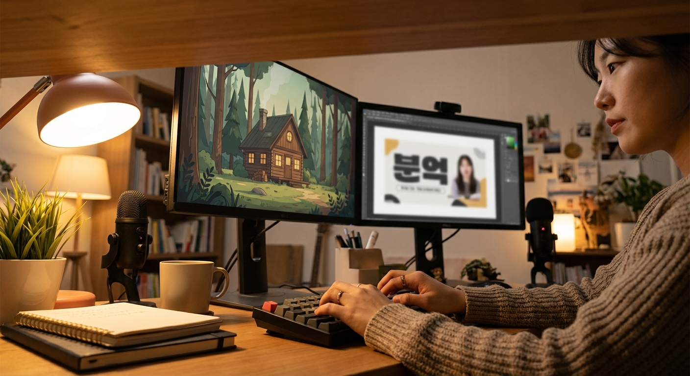 블로거의 책상 위 듀얼 모니터. 한쪽은 예술적인 본문 삽화를, 다른 한쪽은 텍스트가 포함된 썸네일을 보여주며 두 도구를 함께 사용하는 모습을 상징.