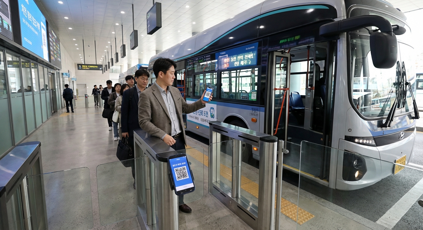 버스 승차를 위해 스마트폰 앱의 QR코드를 준비하는 한국 성인
