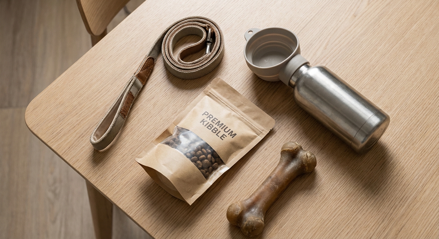 강아지 여행 필수품(목줄, 사료, 물통, 장난감)이 깨끗한 표면에 깔끔하게 놓여 있는 모습