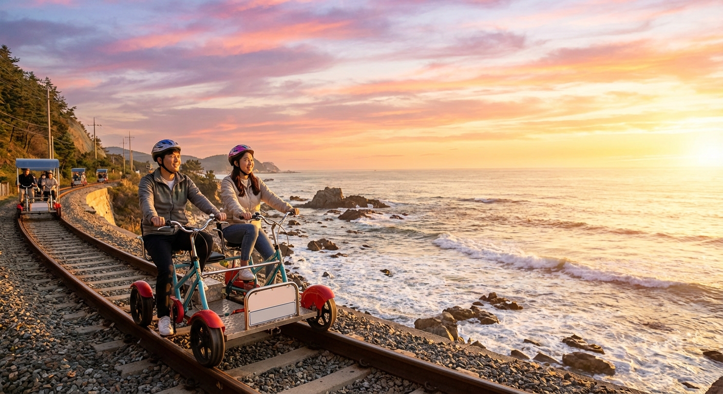 해안선을 따라 레일바이크를 타고 바다를 향해 가는 한국인 성인 커플