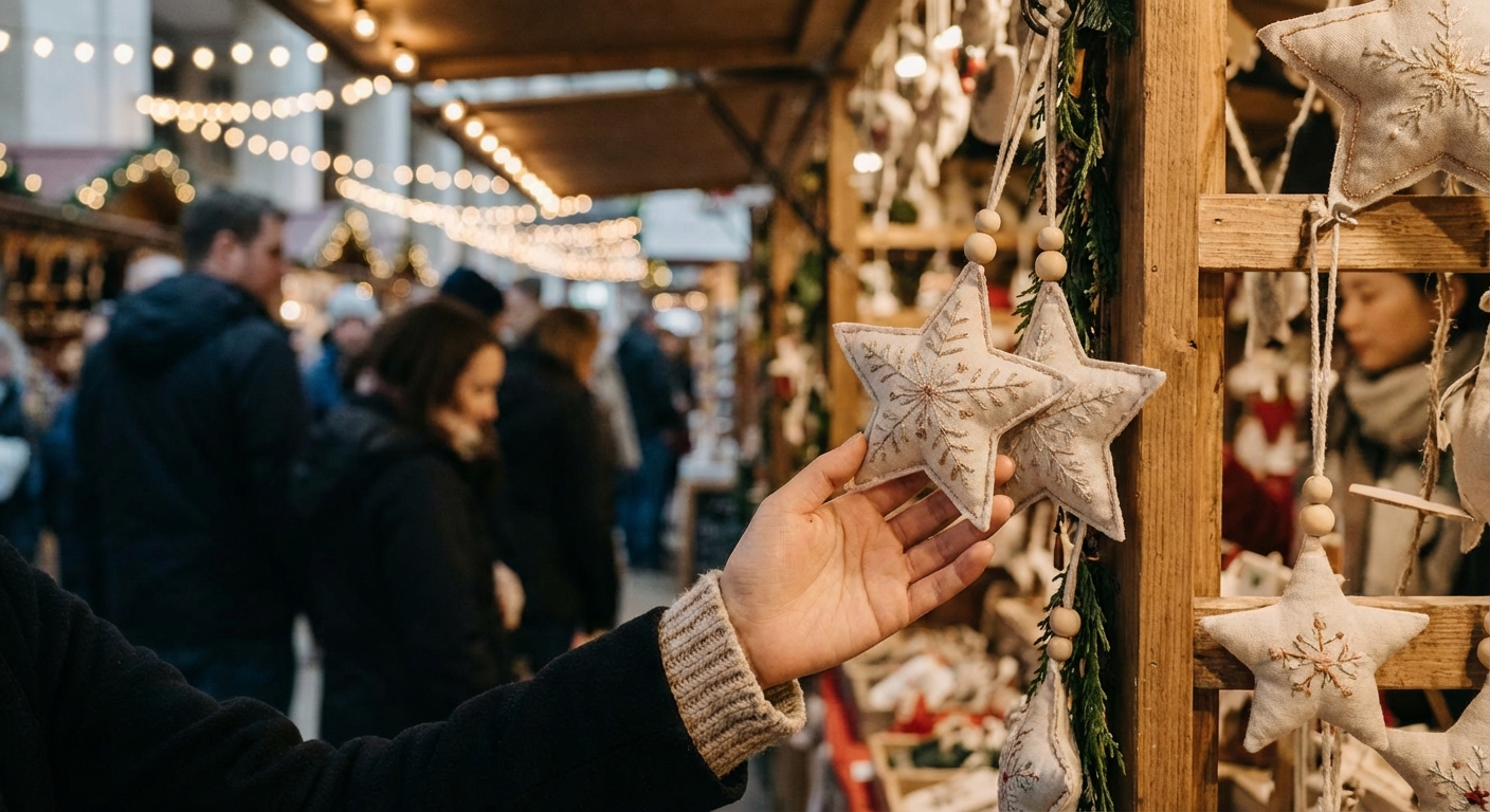 크리스마스 마켓 가판대에서 한국 성인 손이 장식품을 고르는 중간 샷.