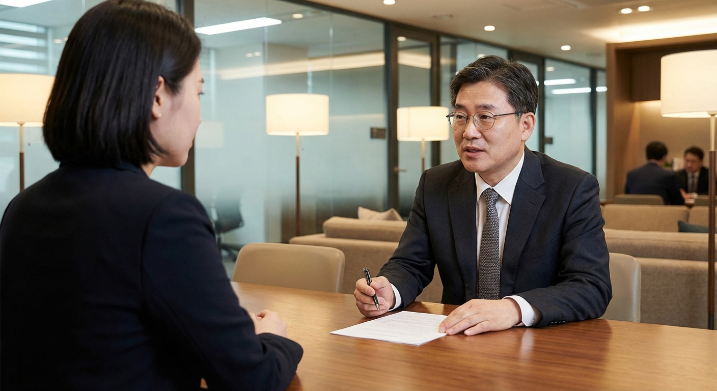 변호사 사무실에서 서류를 보며 상담을 받고 있는 의뢰인의 어깨 너머 시점.