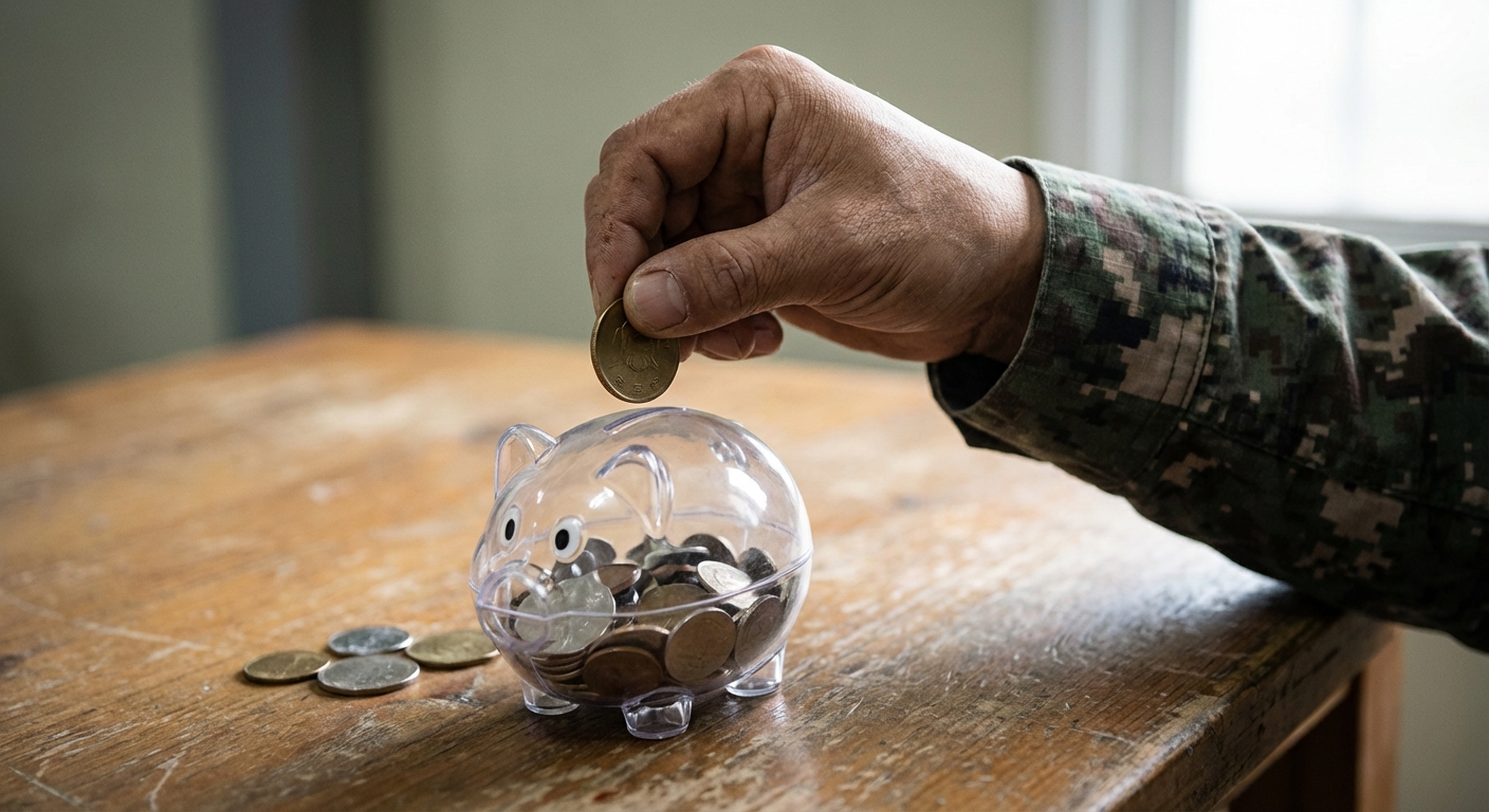 한 손이 작은 투명 저금통에 동전을 넣는 한국 군인의 클로즈업.