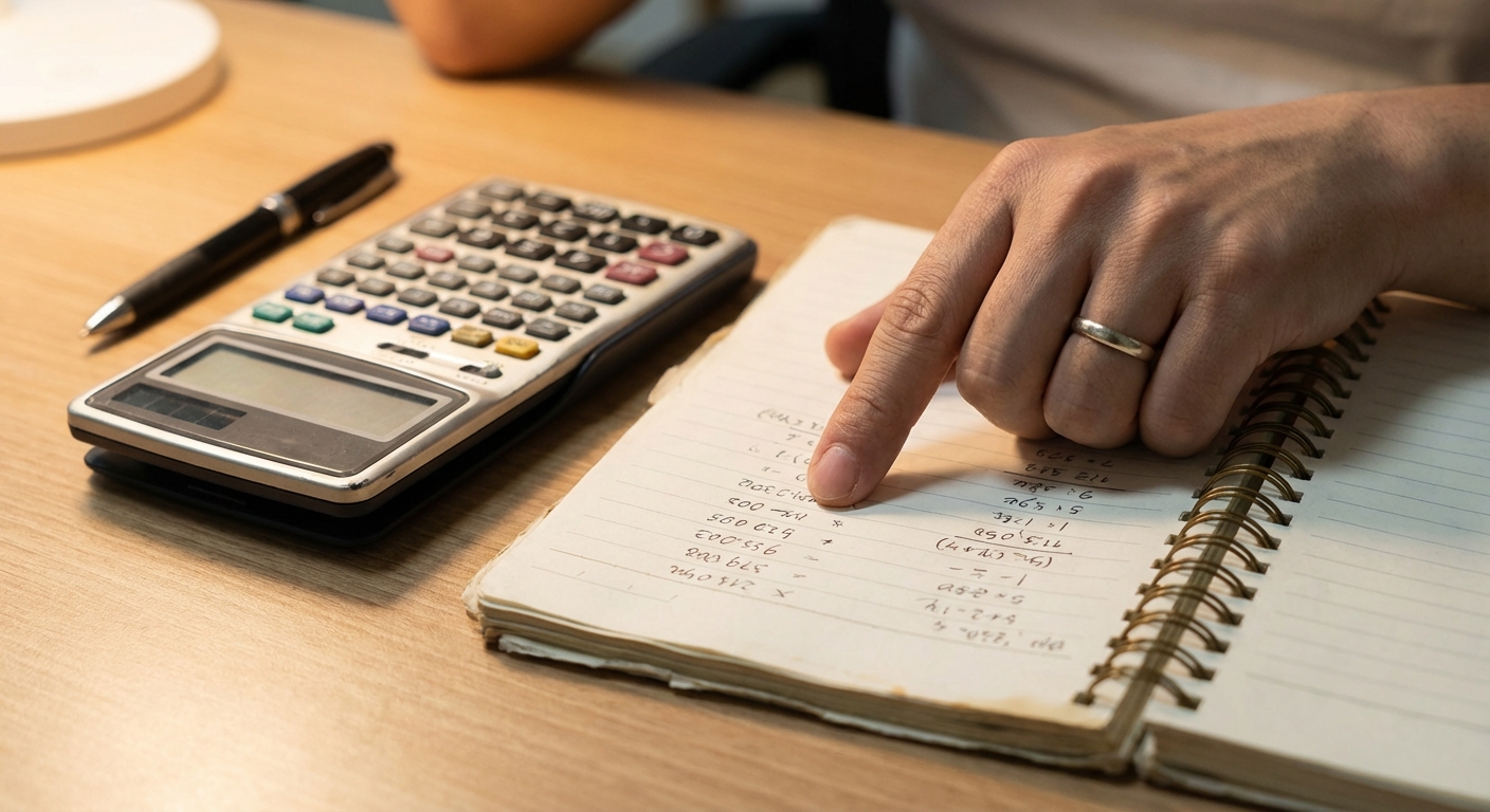 계산기와 수기로 작성된 계산표를 통해 주휴수당을 계산하는 모습.