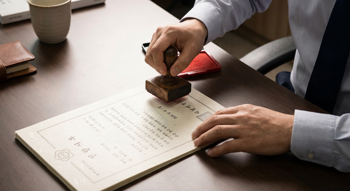 한 공무원이 깨끗한 사무실 책상 위 공식 서류에 도장을 찍는 모습을 위에서 내려다보는 장면으로, 문화누리카드 부정사용에 대한 행정적 환수 조치를 상징하는 썸네일 이미지.