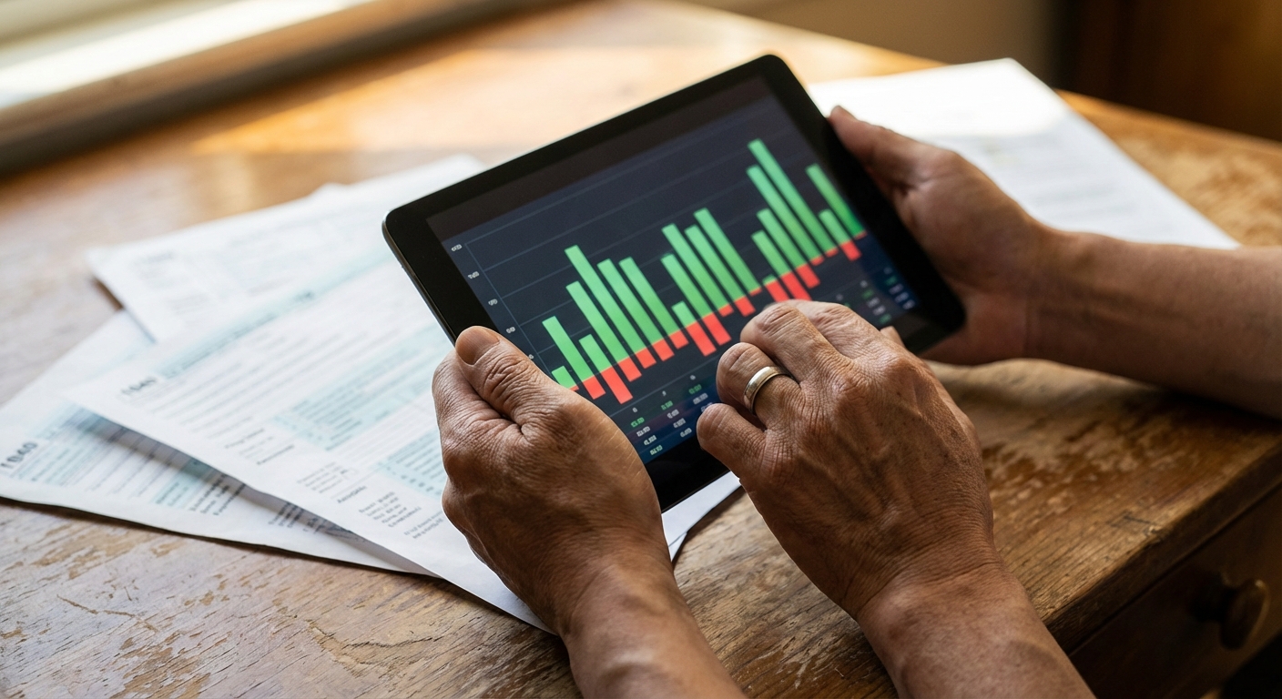 한국 성인의 손이 재무 차트와 숫자가 표시된 태블릿을 들고 있으며, 흐릿한 세금 서류가 나무 책상 위에 놓여 있는 모습. 소프트한 실내 조명.
