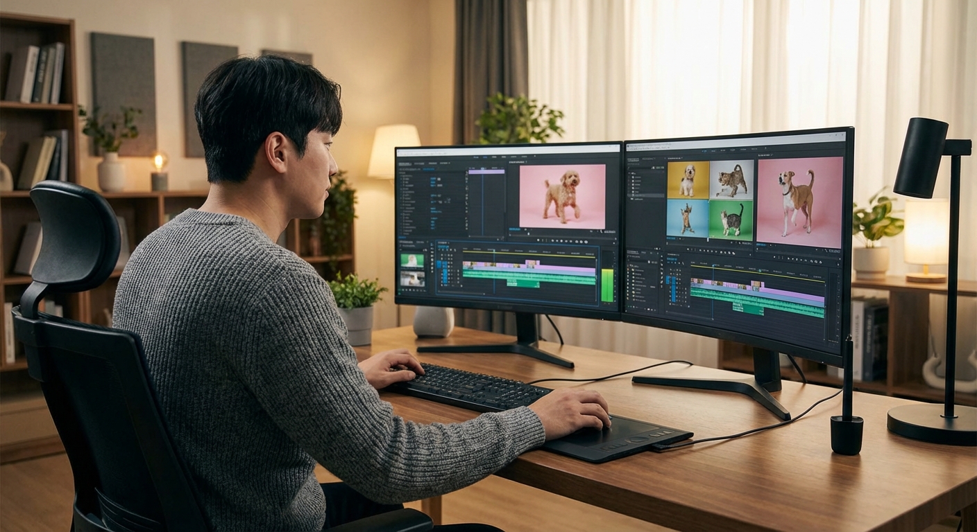 2026년 최신 Kling AI 사용법: 우리 집 반려동물 AI 댄스 영상 만들기 완벽 가이드 3 한국인 성인 남성 또는 여성이 모니터에서 반려동물 댄스 영상 클립을 편집하는 모습을 뒤에서 약간 비스듬하게 촬영한 사진.