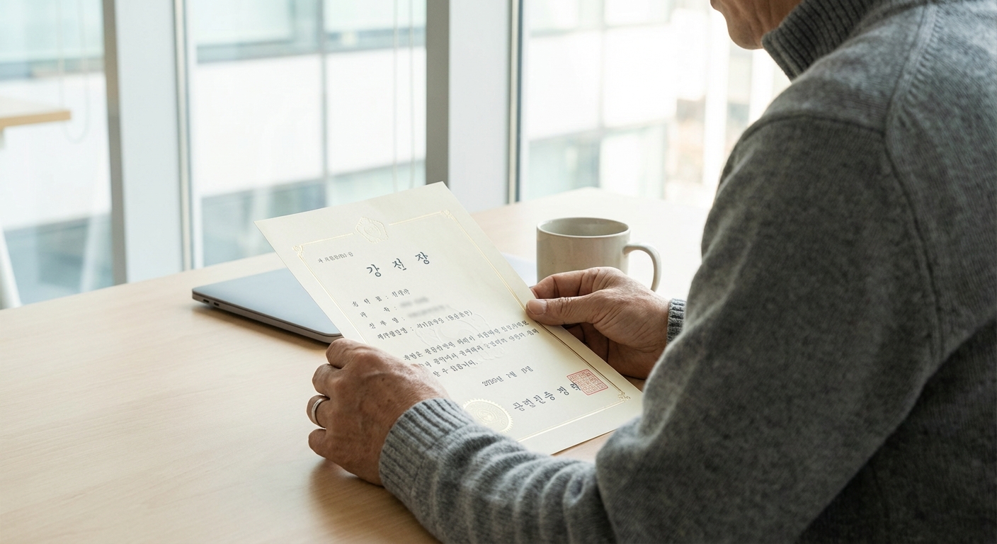 한국 성인이 정부 복지 서류를 신중하게 들고 있는 모습