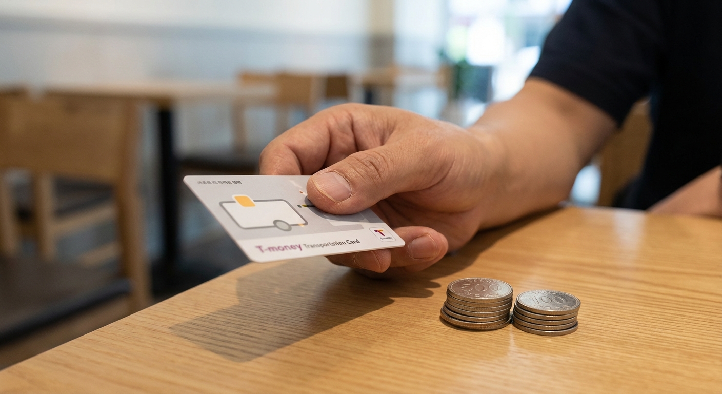 교통카드와 동전을 손에 쥐고 있는 한국인 성인의 모습