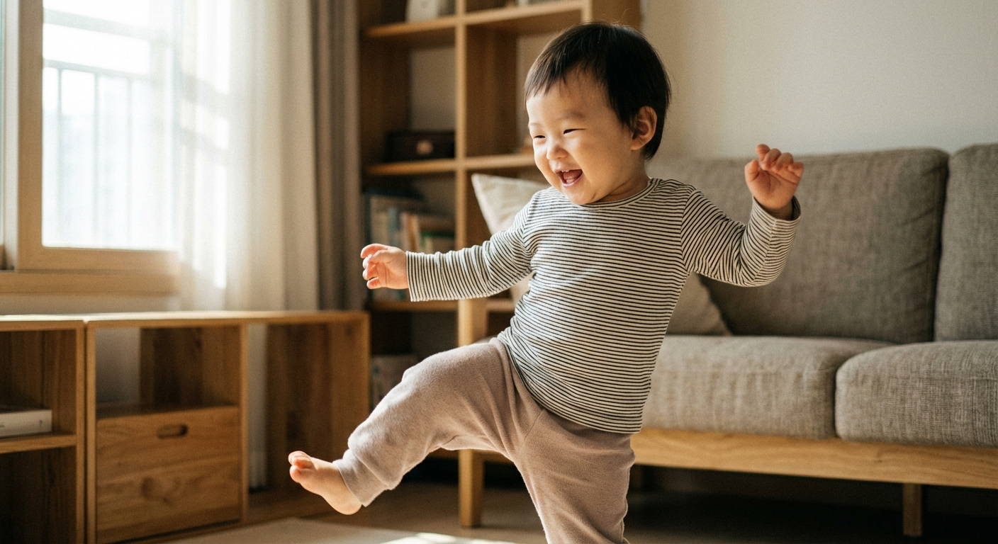신나게 춤추는 아기의 상반신 클로즈업