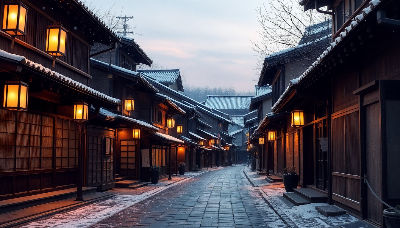 눈 덮인 고즈넉한 일본의 겨울 거리 풍경