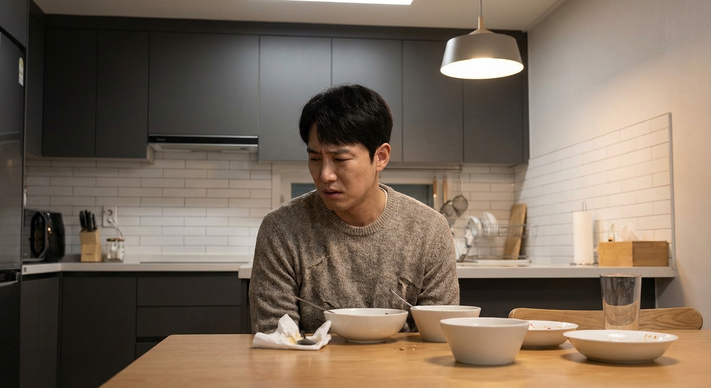 식사 후 약간 불편해 보이는 한국인 성인 남성이 부엌 식탁에 앉아 있는 모습