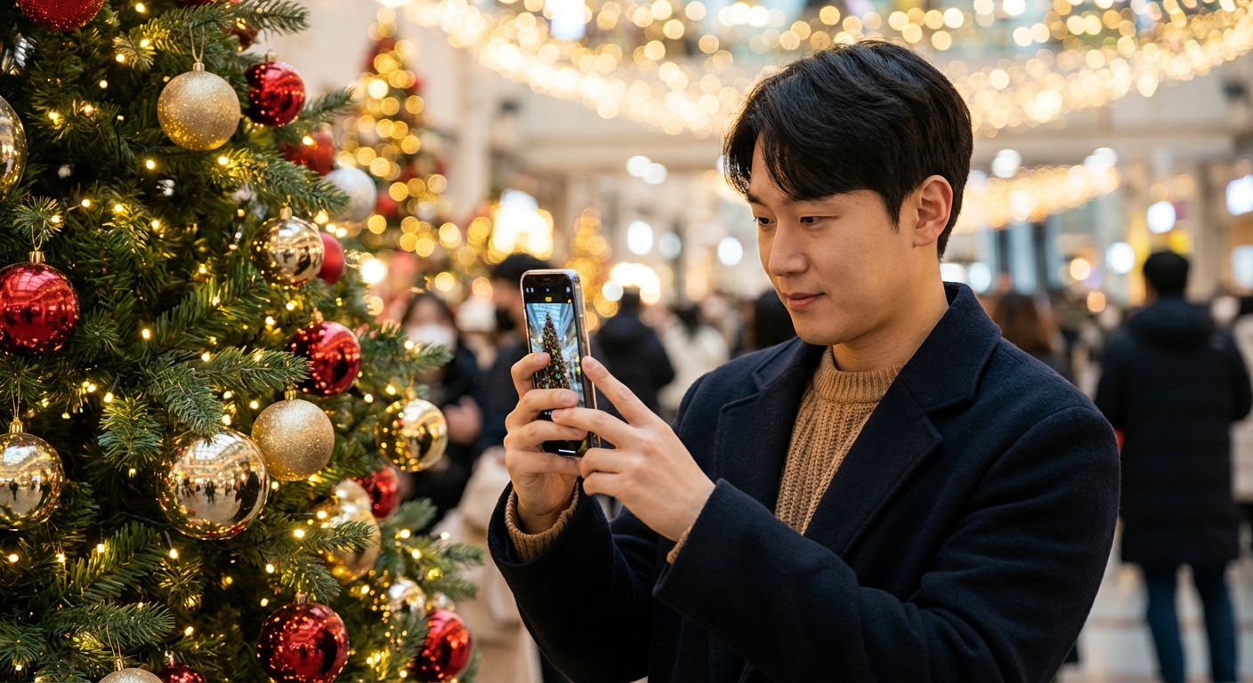 크리스마스 장식이 화려하게 꾸며진 실내에서 한 한국인 성인이 스마트폰으로 사진을 찍는 모습.