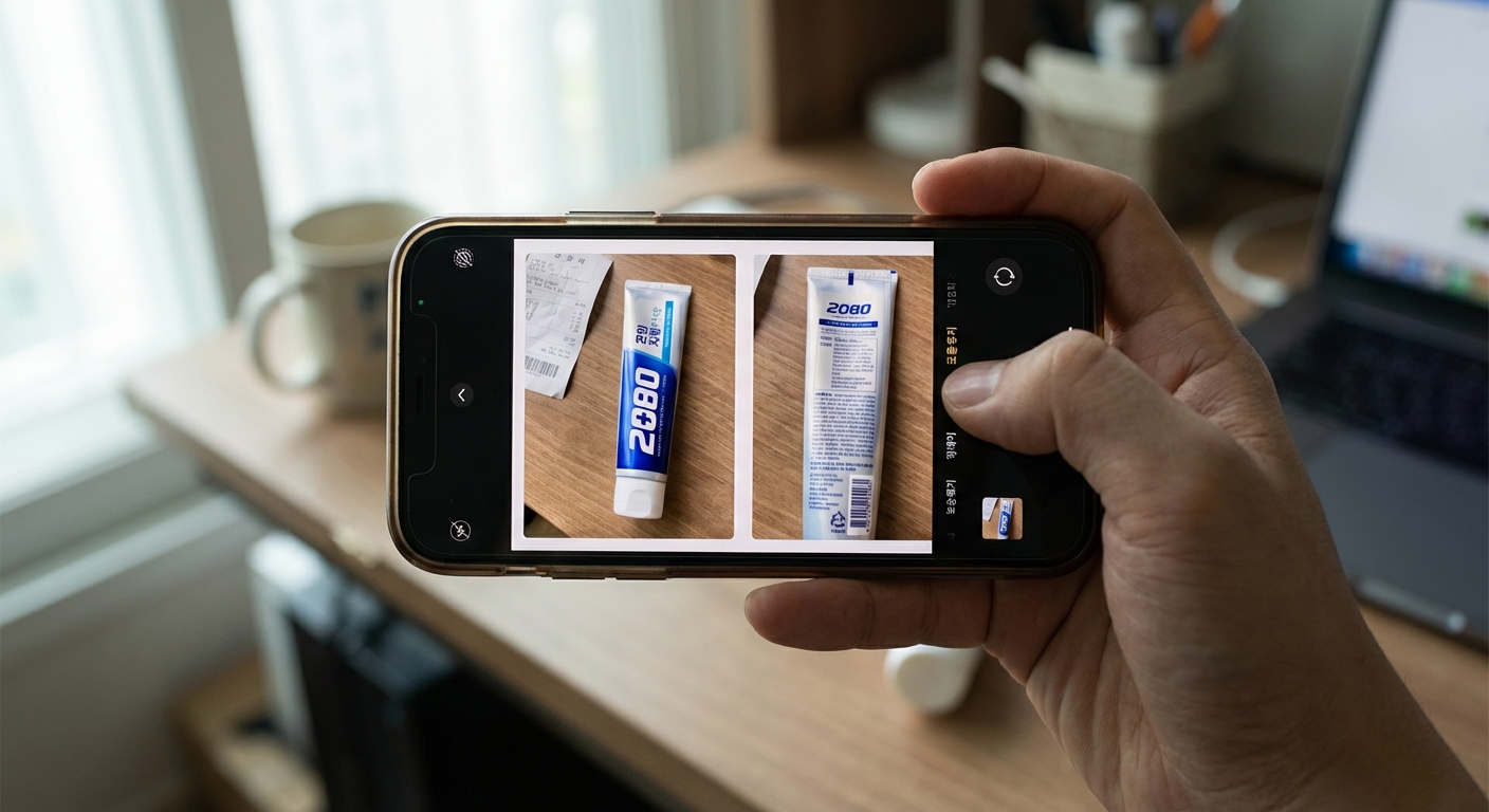 한 한국 성인의 손이 스마트폰으로 2080 치약 튜브의 앞뒷면을 선명하게 촬영하는 모습.