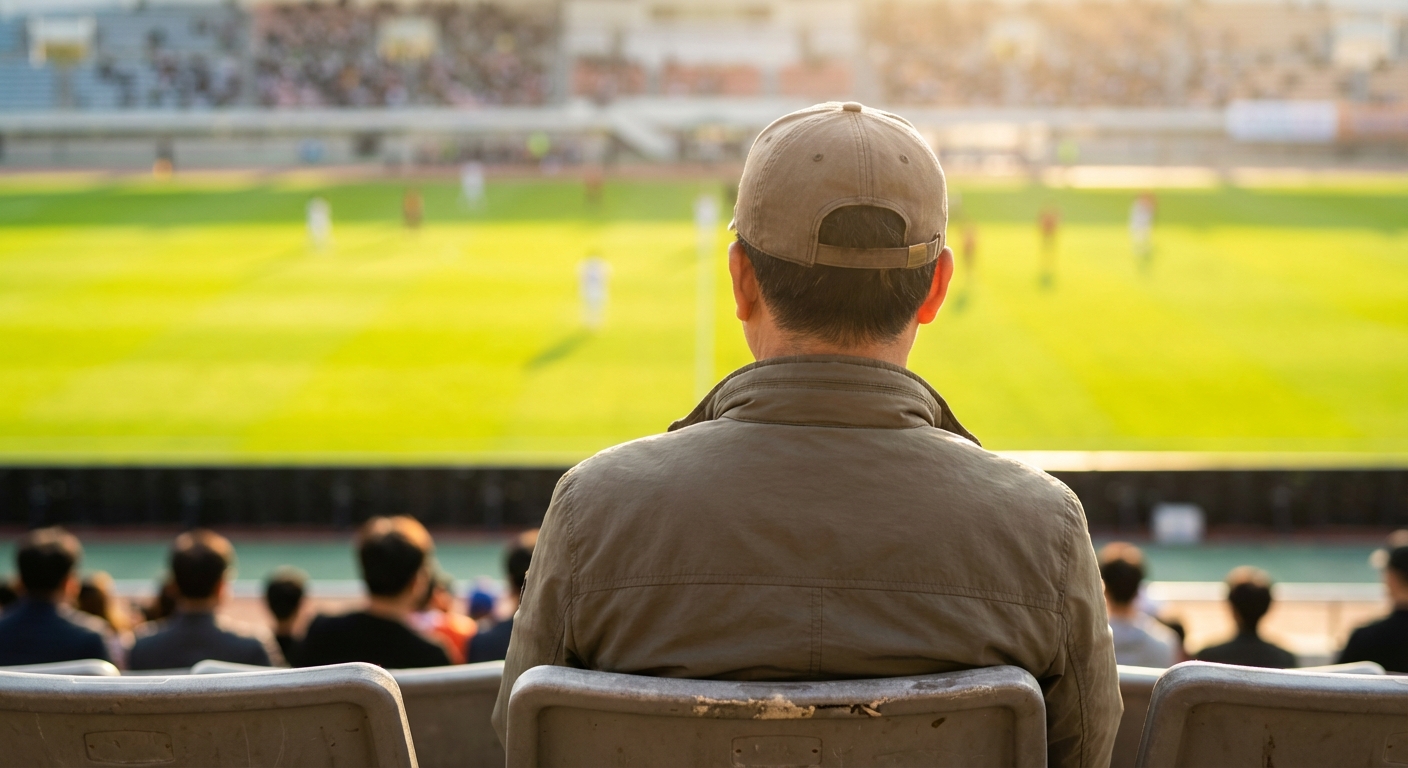 경기장 좌석에 앉아 경기를 관람하는 사람의 뒷모습. 앞에는 초록색 경기장이 흐릿하게 펼쳐져 있다.