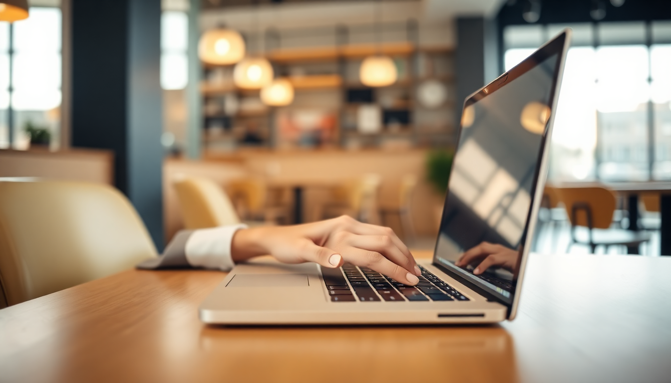 현대적인 카페에서 노트북으로 작업하는 젊은 직장인의 모습