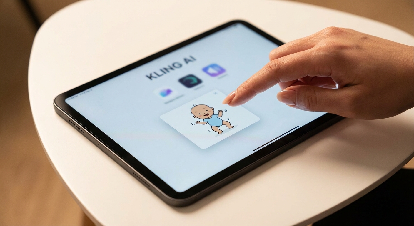 한국인 성인의 손가락이 태블릿 화면을 탭하고 있으며, 화면에는 아기가 춤추는 Kling AI 앱 인터페이스가 보입니다.