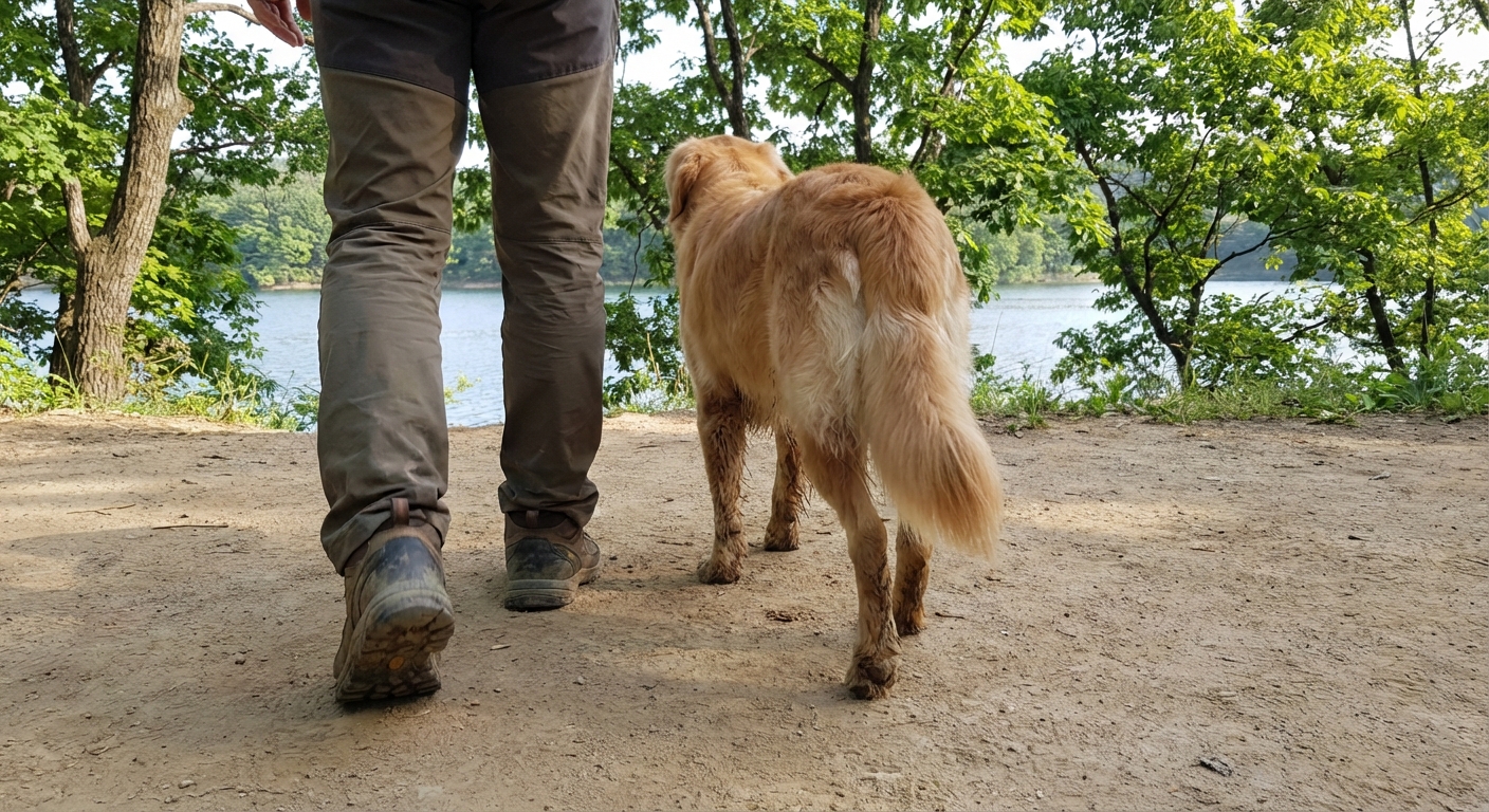 영랑호 둘레길에서 반려견과 함께 산책하는 한국인 성인의 발과 강아지 발 모습