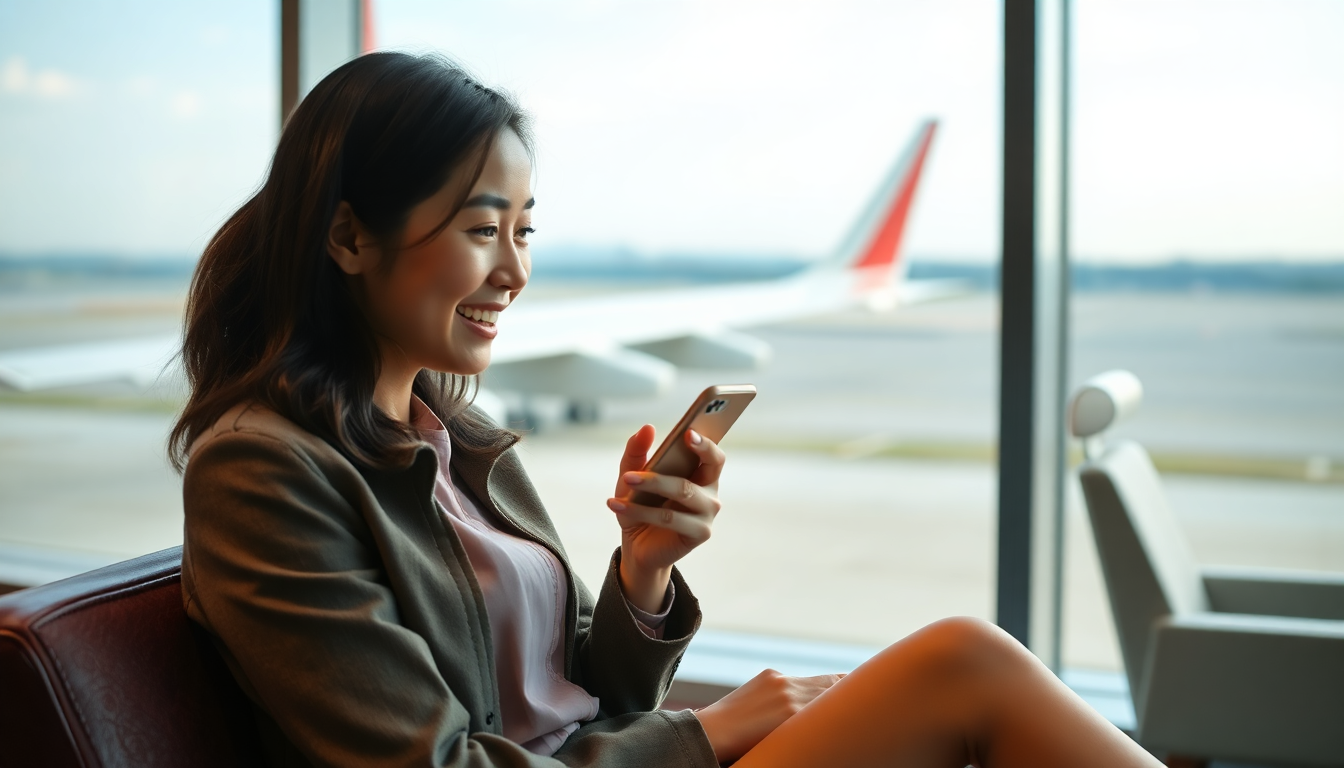 공항 라운지에서 스마트폰을 보며 여유롭게 여행을 즐기는 스마트한 여행 고수