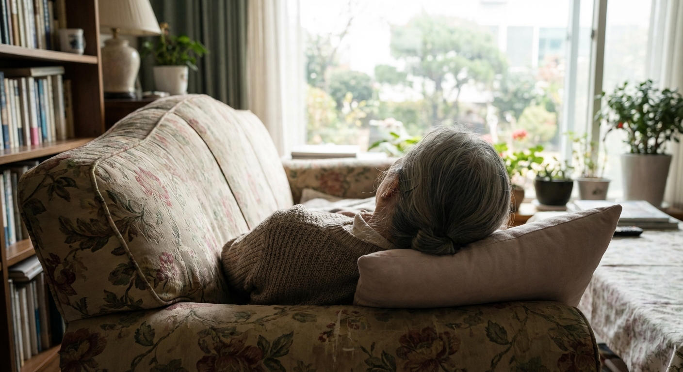 소파에 기대어 쉬고 있는 노인 여성의 지친 모습