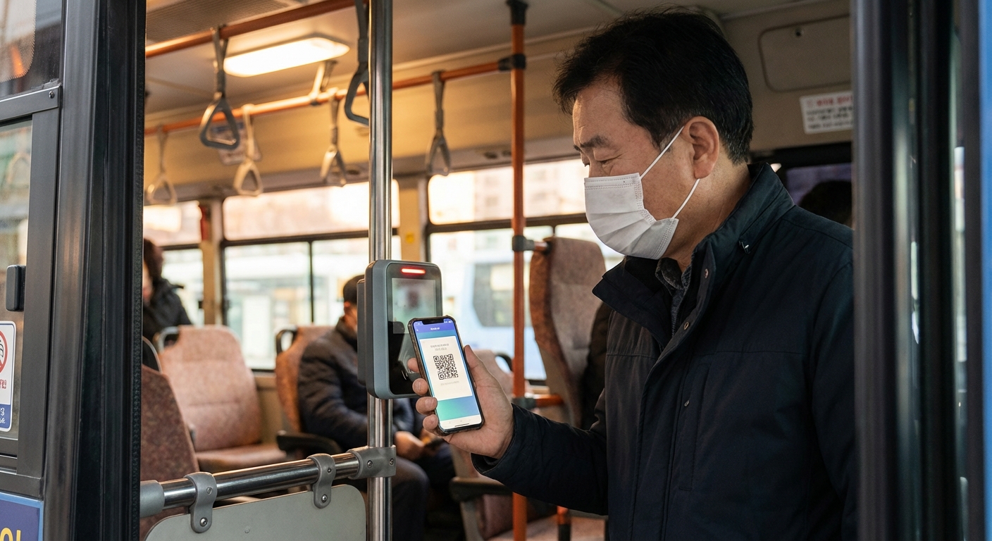 버스 입구 단말기에 스마트폰의 QR코드를 스캔하여 탑승하는 한국 성인의 모습.
