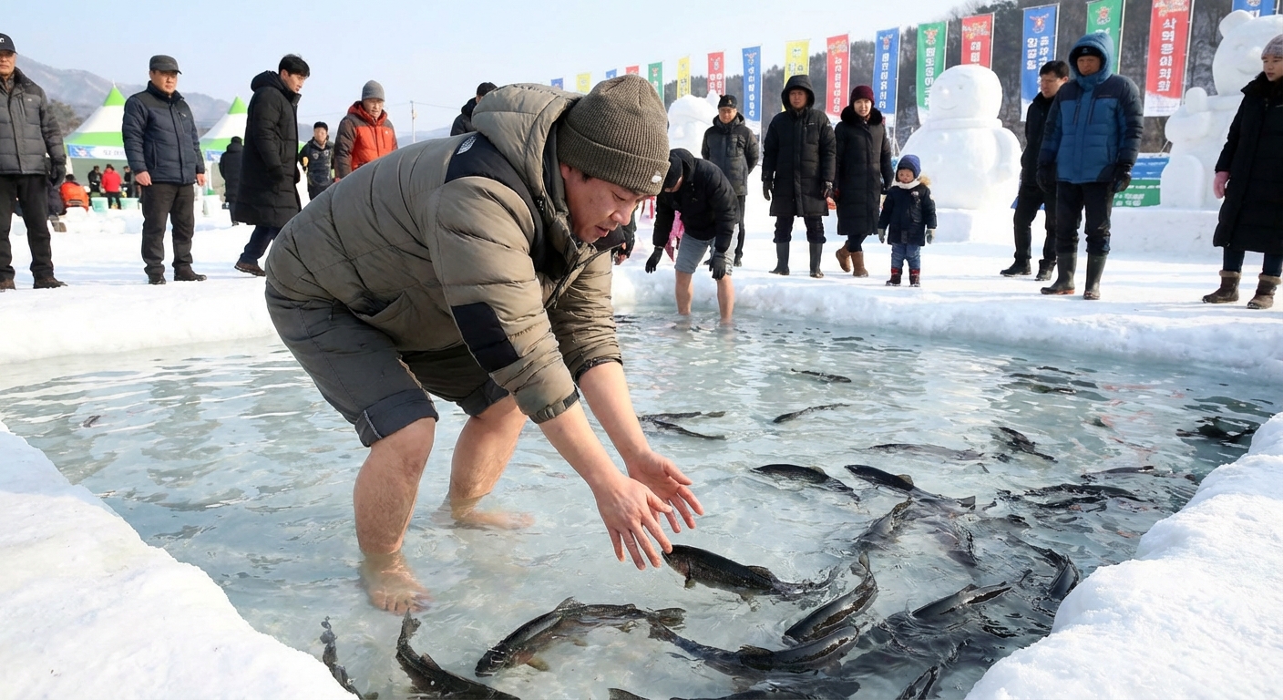 겨울 축제 야외 맨손 잡기 풀에서 찬물에 들어가 산천어를 잡으려는 한국인 성인의 모습.
