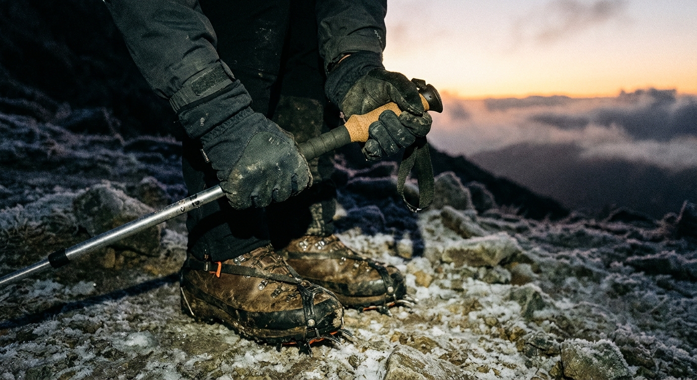 새벽 산길에서 트레킹 폴을 잡고 미끄럼 방지 신발을 신은 한국 성인의 손과 발