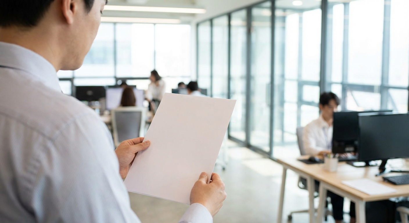 밝은 현대식 사무실에서 급여명세서를 들고 내용을 자세히 살펴보는 한국인 성인의 어깨 너머 시점