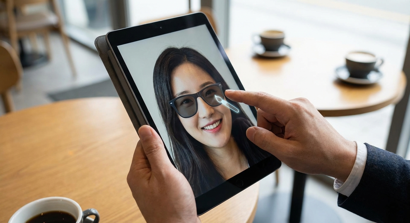 현대적인 카페에서 태블릿을 들고 있는 손. 화면에는 인물 사진에 선글라스를 추가하는 이미지 편집 과정이 보인다.