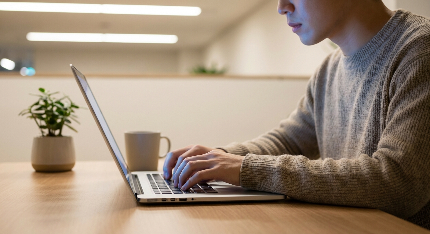 노트북으로 청년일자리도약장려금 정보를 검색하거나 신청하는 한국 청년의 손