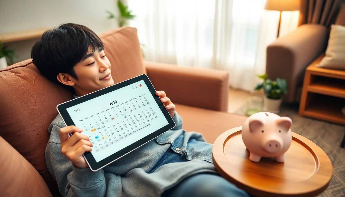 2025년 티빙 할인 쿠폰 총정리: 1분만 투자하면 1년 구독료 아끼는 5가지 방법 1 소파에 앉아 태블릿으로 연간 이용권 캘린더를 보며 저축을 생각하는 모습